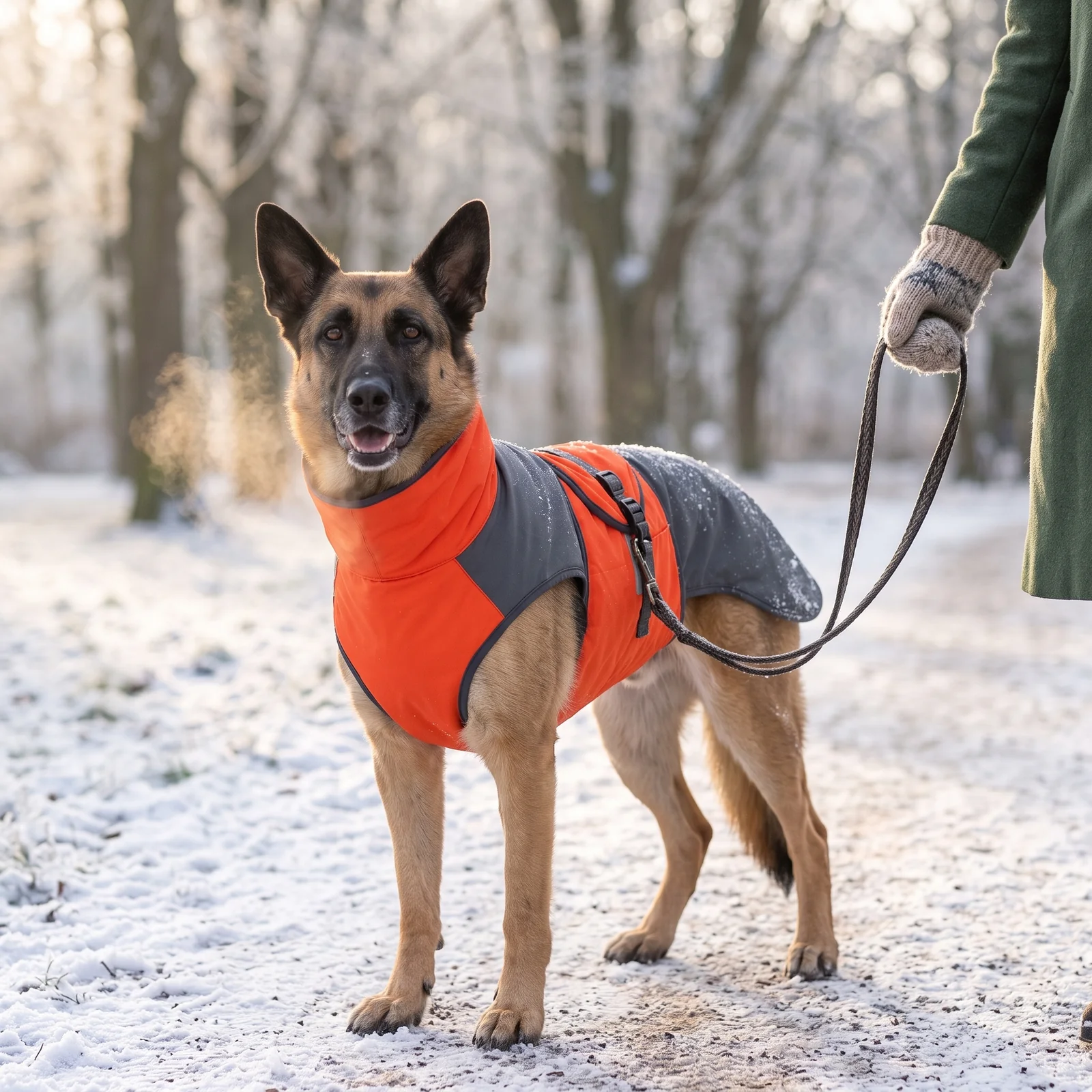 czy ubierać psa zimą - owczarek niemiecki w ocieplanym płaszczyku na zimowym spacerze - Willow Dog