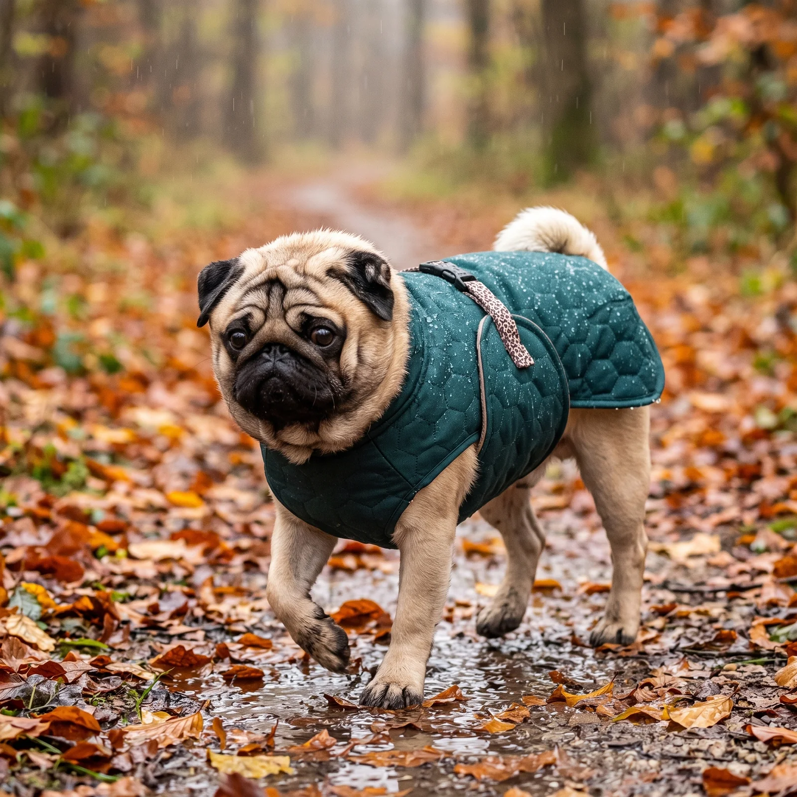 jak wybrać płaszcz przeciwdeszczowy dla psa - mops w płaszczyku na jesiennym spacerze w deszczu - Willow Dog